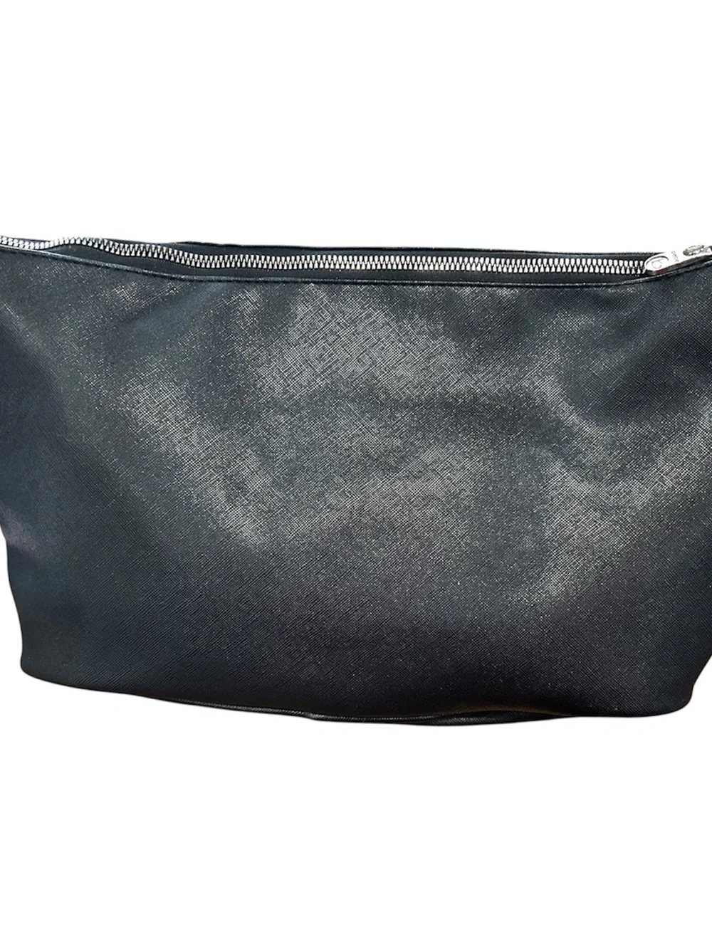 Bebe Black Saffiano Cosmetic Bag Rhinestone Logo Makeup Pouch
